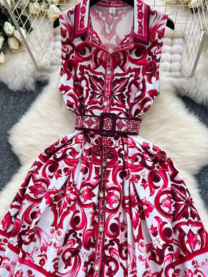 Sleeveless Belt Buckle Buttoned Contrast Color Printed Midi Dresses