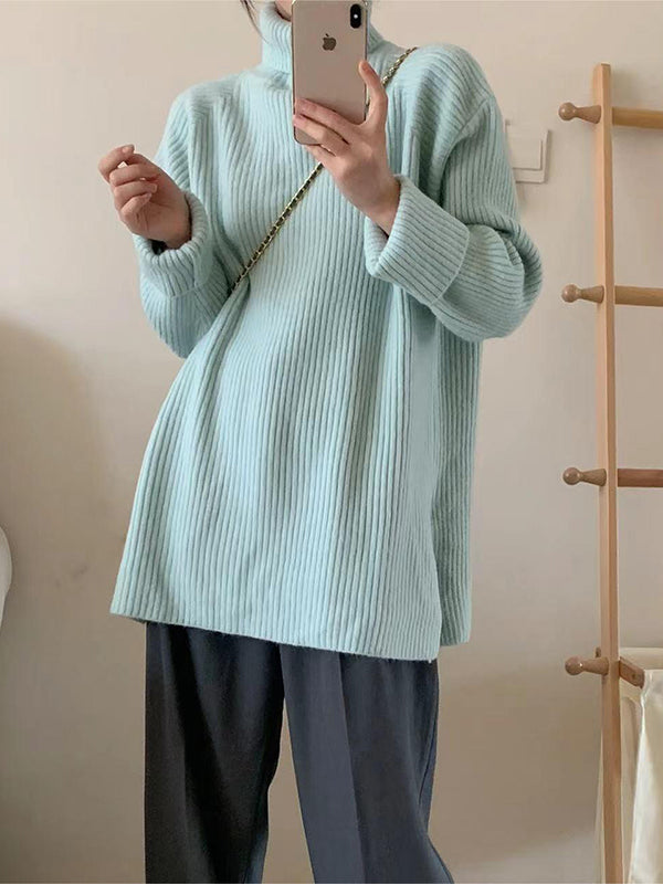Simple Blue High Neck Split-side Long Sleeve Sweater Qx013