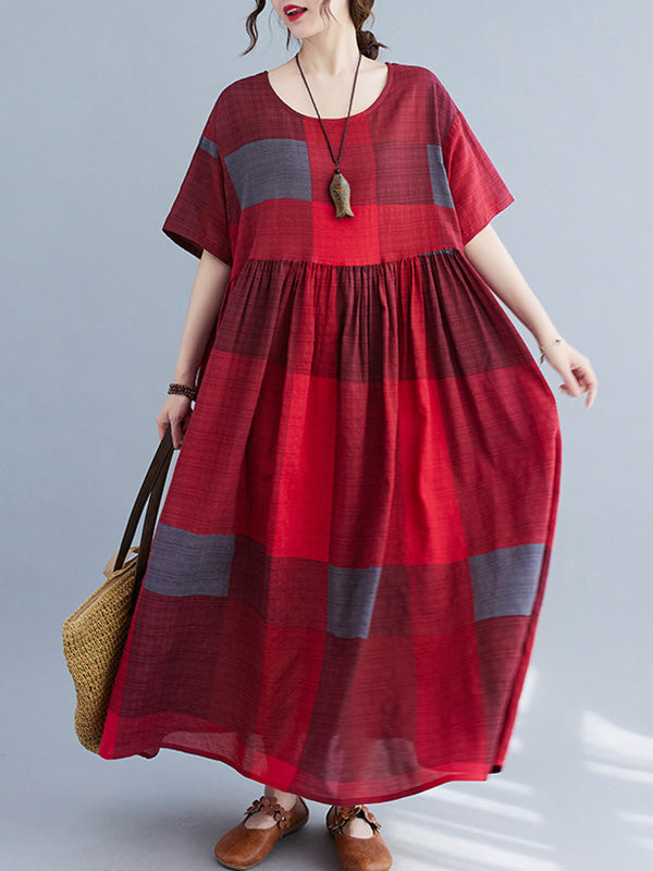 Artistic Retro Loose Color-block Pleated Round-neck Half Sleeves Midi Dress