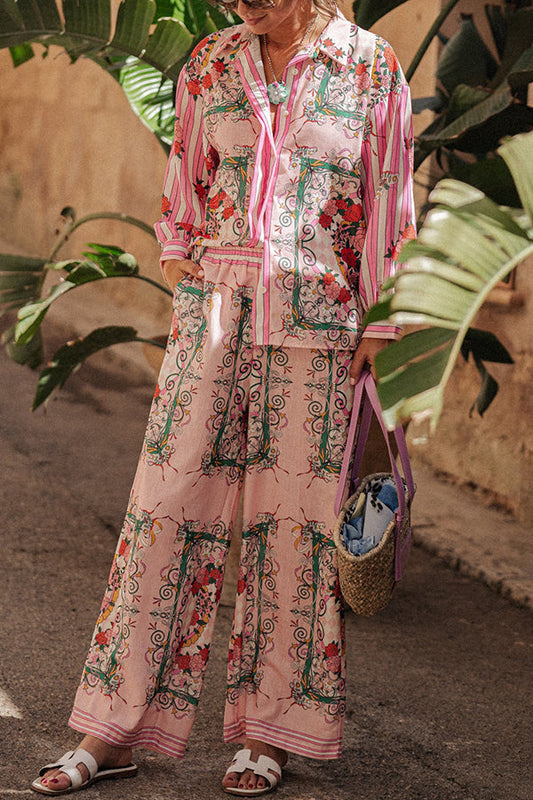 Charm Unique Print Loose Blouse and Elastic Waist Pocketed Pants Set