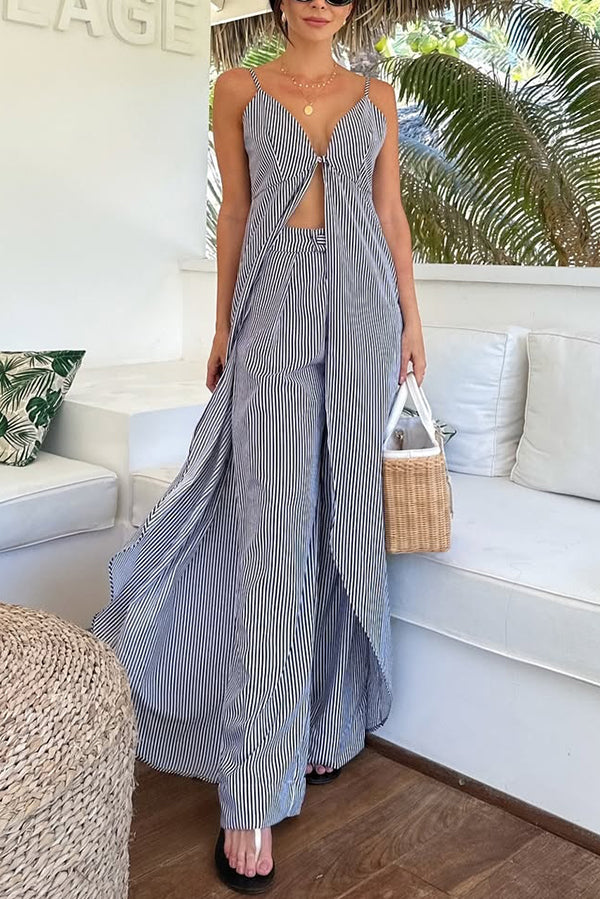 Striped Print Sleeveless Long Top and Loose Straight Pants Set