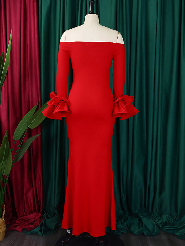 Bodycon Flared Sleeves Falbala Color Split-side Off-the-shoulder Maxi Dresses