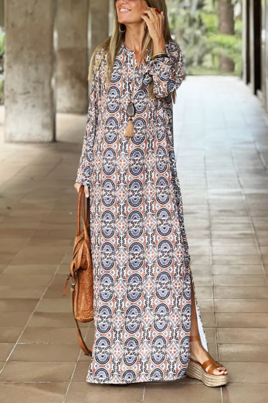 Slit Printed Loose V-neck Long Dress