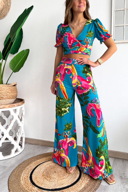 Print V Neck Short Sleeves Crop Top Elastic Waist Wide Leg Pants Set