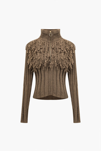 Sweater Fringe Zipper Long-sleeve Top