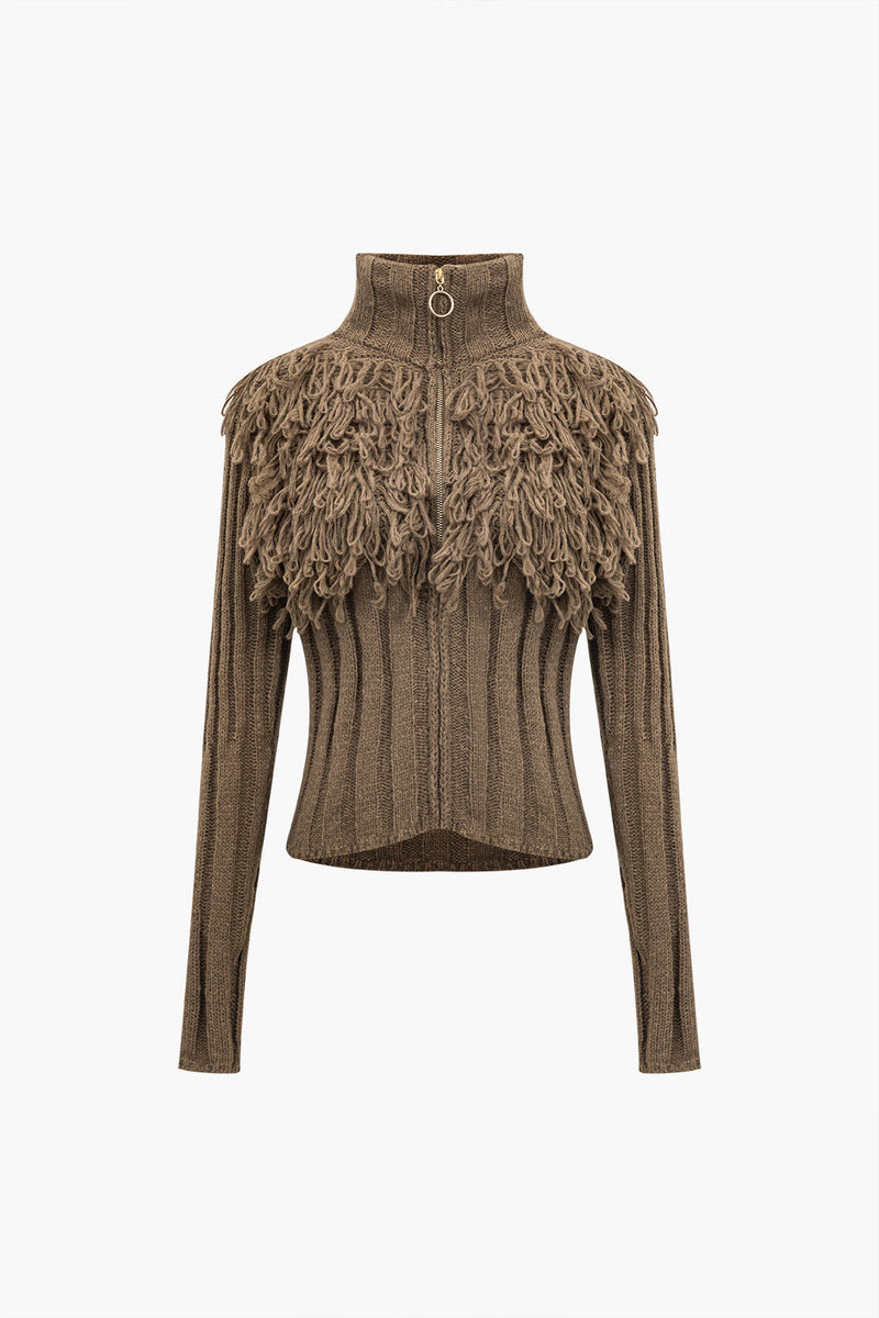 Sweater Fringe Zipper Long-sleeve Top