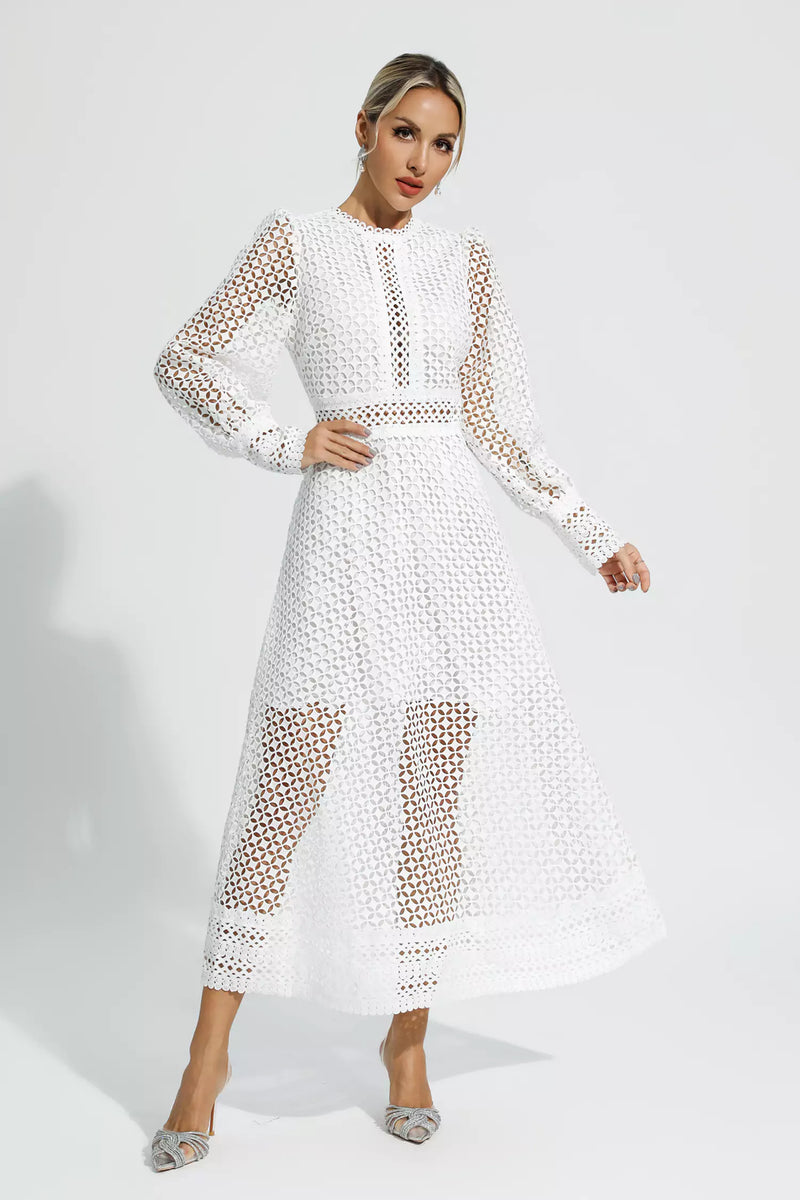 Monroe White Hollow Long Sleeve Maxi Dress