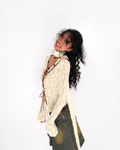 Nico Molly Lace-up Textured Cardigan - Ivory and Black ()
