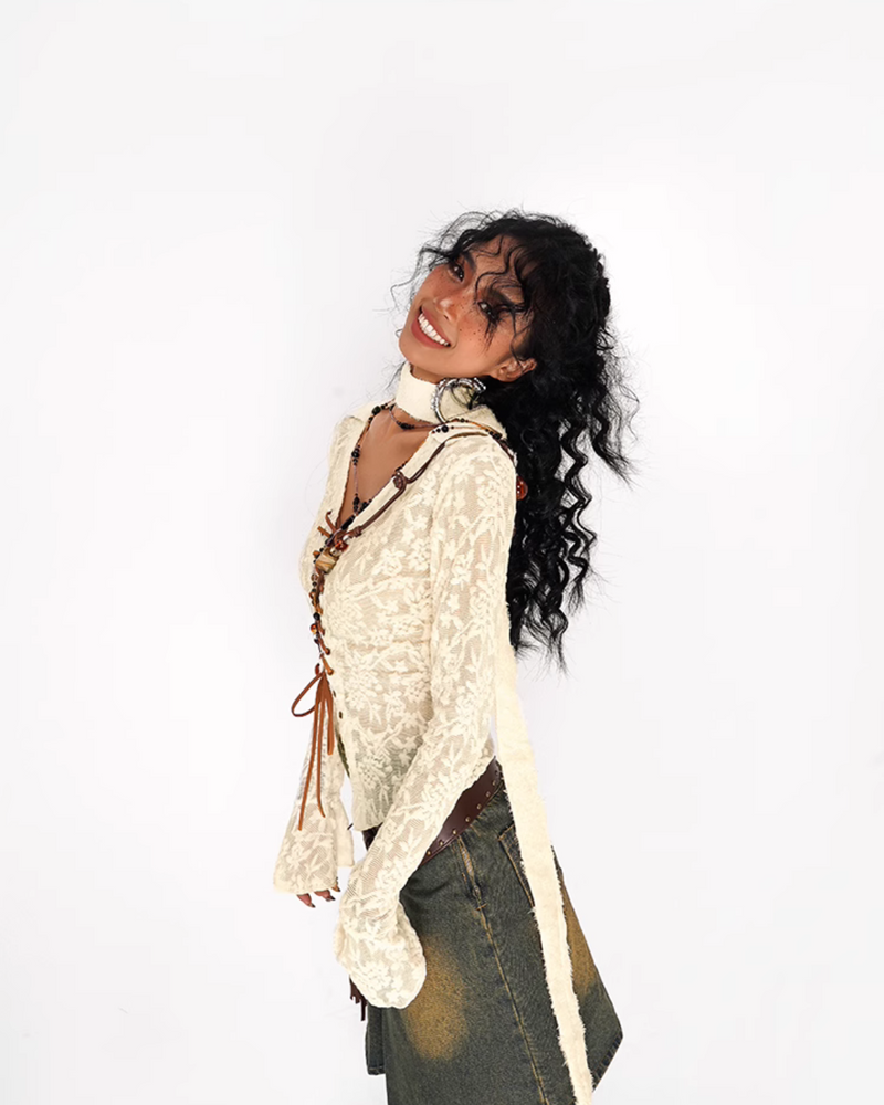 Nico Molly Lace-up Textured Cardigan - Ivory and Black ()