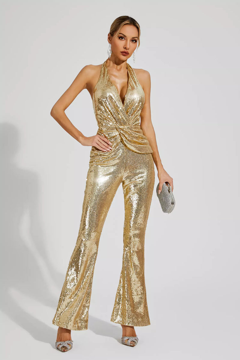 Kelly Gold Sequins Halter Jumpsuit