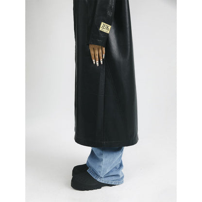 Black Leather Hooded Coat With Oversized Zipper