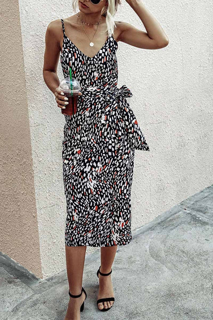 V Neck Print Midi Dress With Belts(4 Colors)