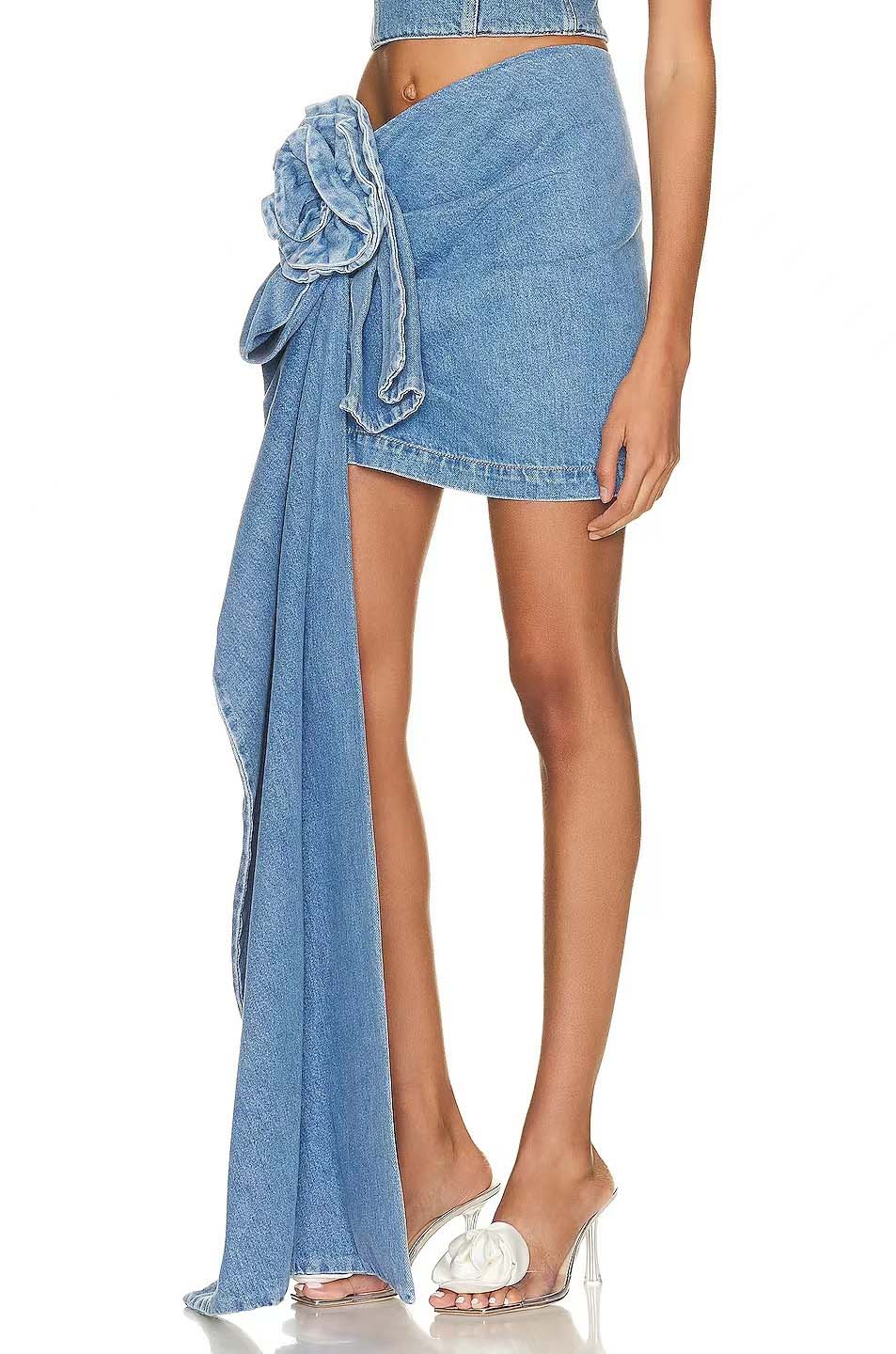 Denim Mini Skirt With 3d Roses
