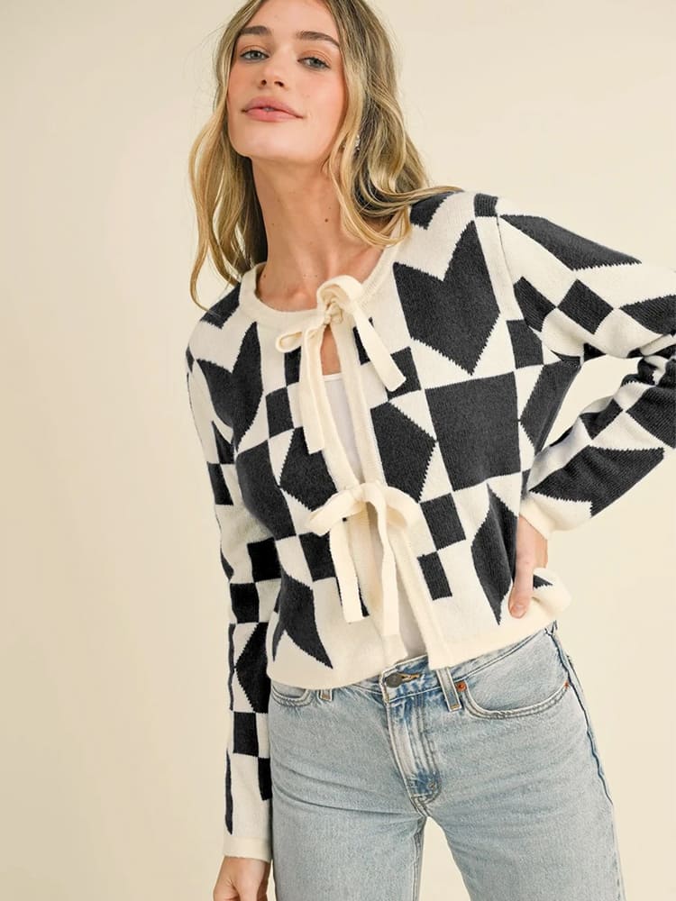 Geometric Print Lace-up Cardigan Sweater