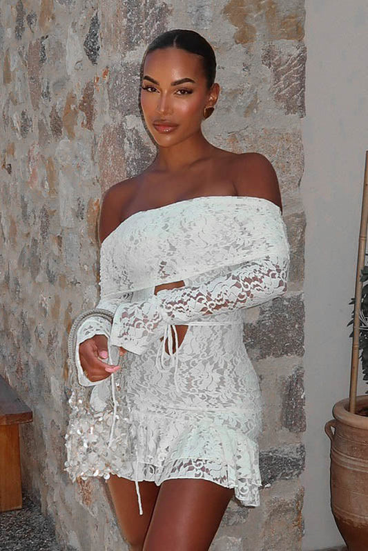 Ruffled Jacquard Off-shoulder Mini Dress