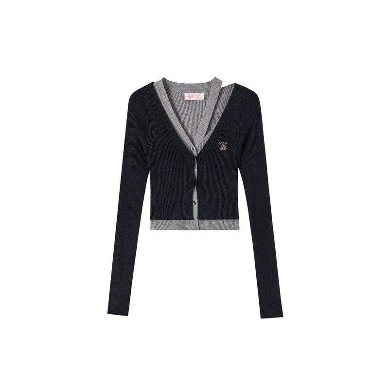 Black Hollow Out Knit Cardigan - 2-piece Design