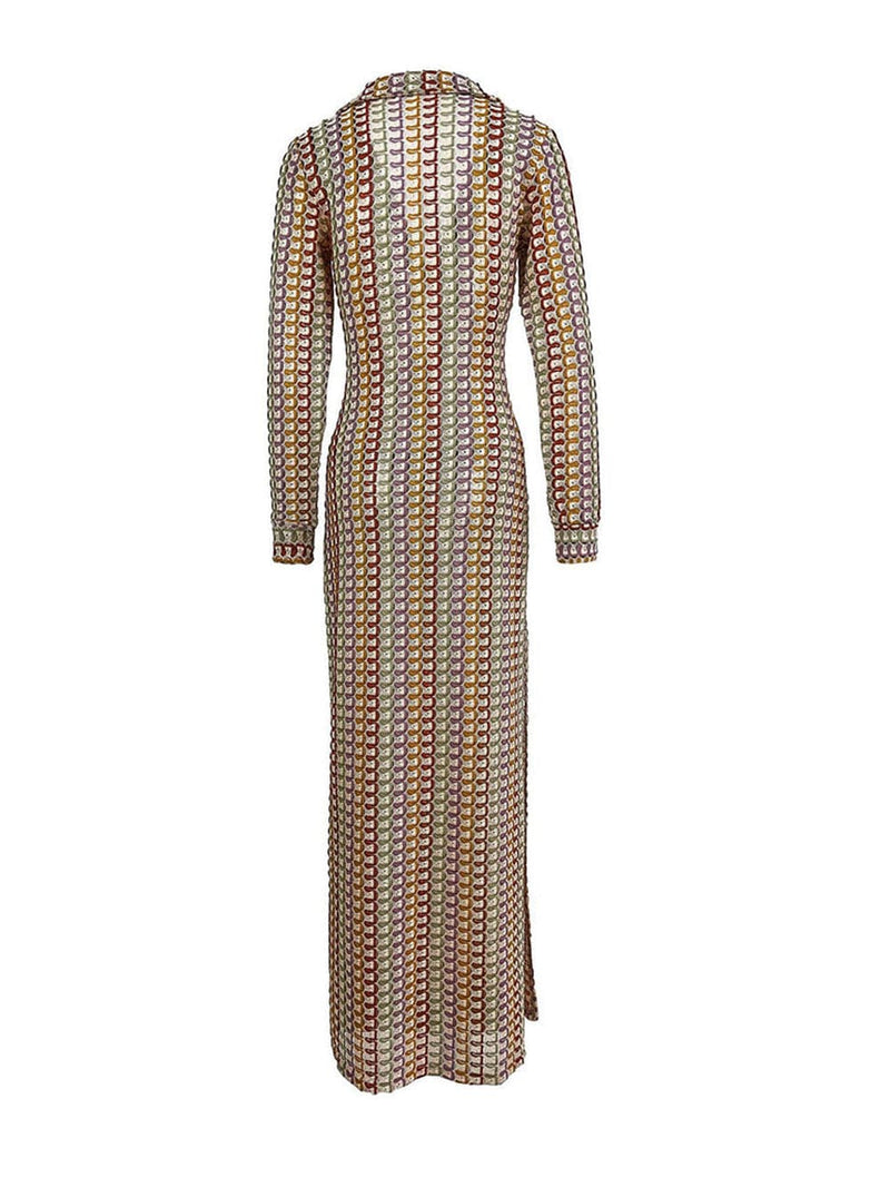 Collared V Neck Split Wavy Striped Crochet Beach Vacation Maxi Dress - Brown