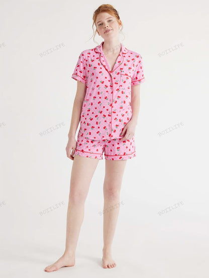 Print Loungewear Shirt & Shorts Cardigan Set