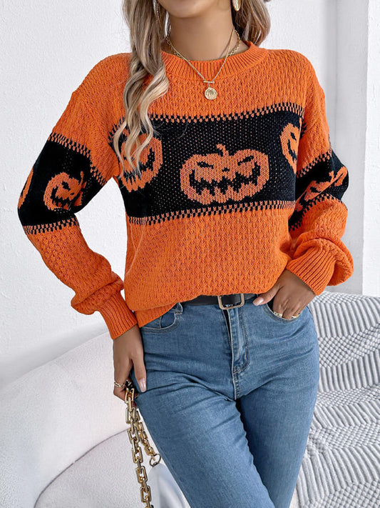 Halloween Pumpkin Head Color-block Crew Neck Knit Sweater