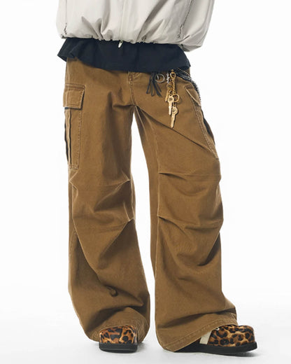 Washed Pleated Wide Leg Cargo Pants