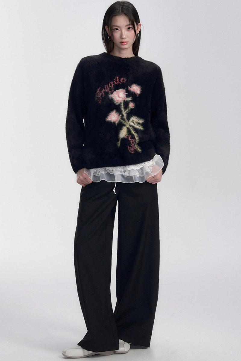 Drawstring Black Wide-leg Pants
