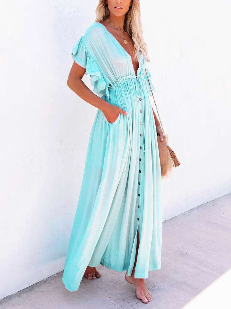 Button Cotton Linen Perfect Beach Maxi Dress