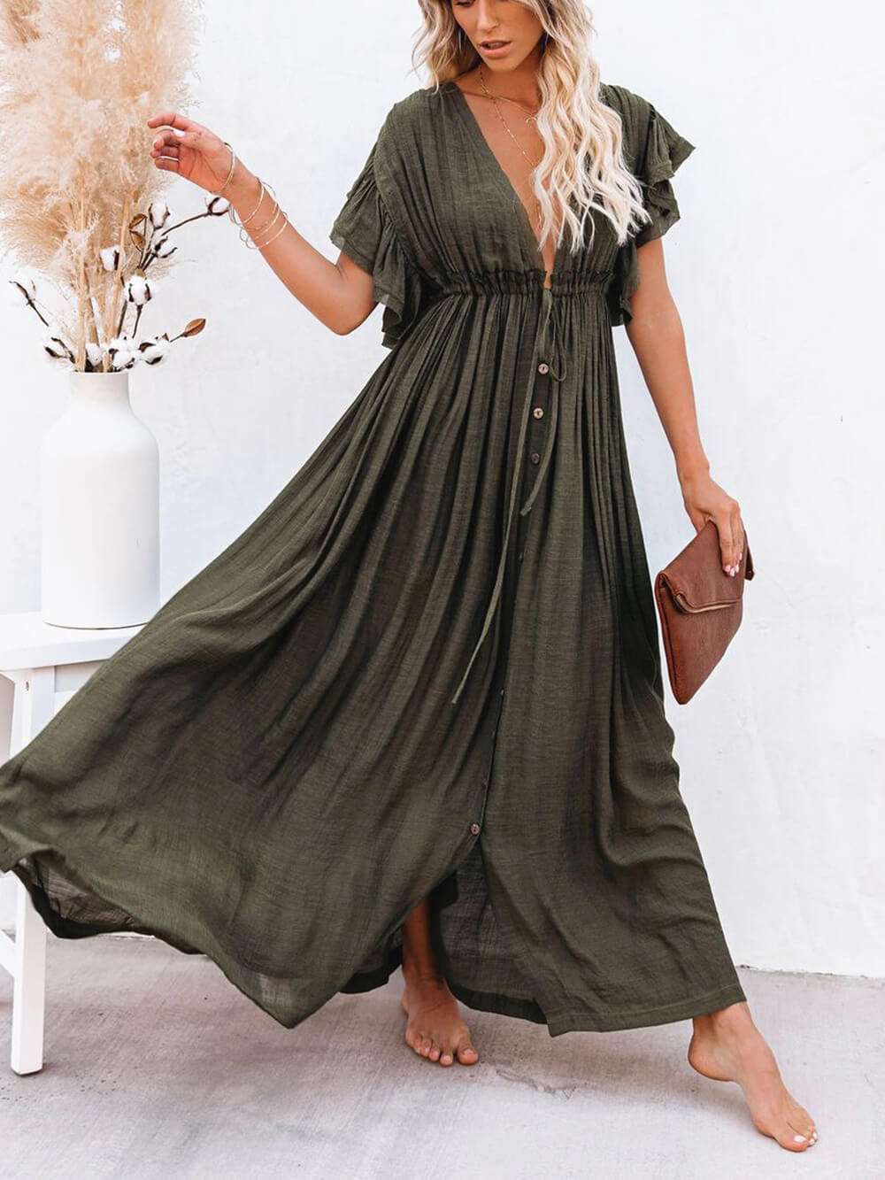 Button Cotton Linen Perfect Beach Maxi Dress