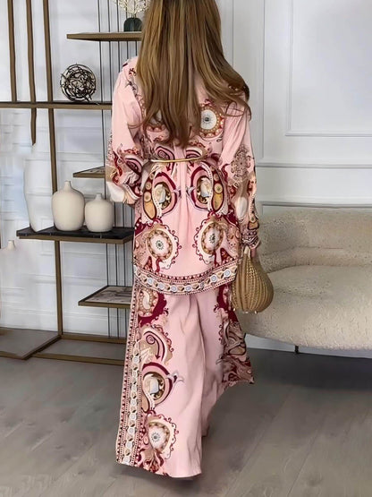 Modern and Exquisite Unique Satin Pattern Print Elastic Waist Loose Wide-leg Pants