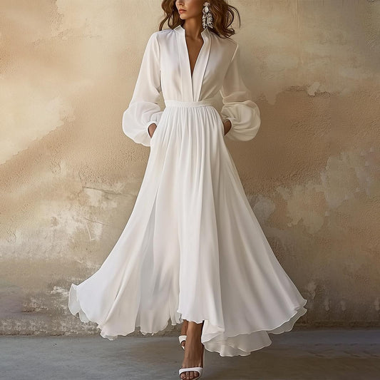 Plain White V-neck Maxi Dress