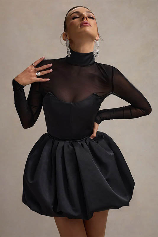 Winter Mesh Sheer Slim Fit Puff Mini Dress