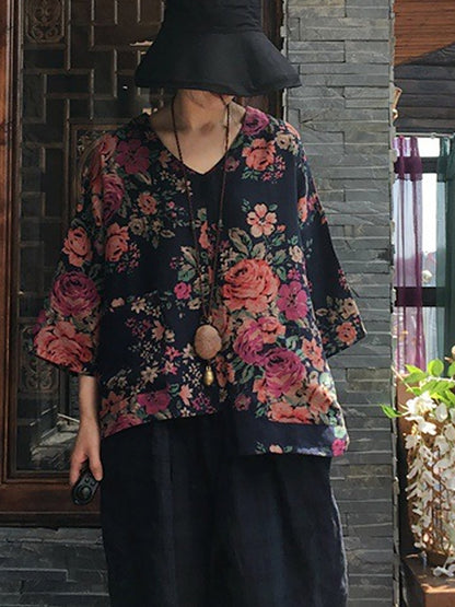 V-neck Long Sleeve Cotton Blouse Shirt Oo1030