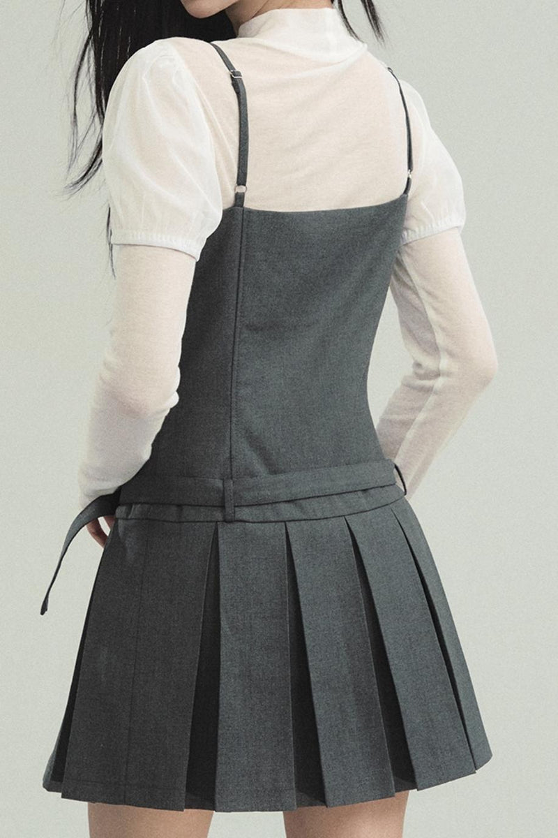 Professional Grey Blazer and Pleated Mini Dress Set