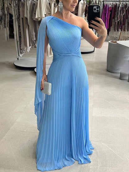 Flowing Pleated Off-the-shoulder Maxi Dress