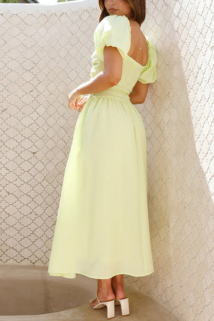 Puff Sleeves Twist Front Cut Out Swing Maxi Dress