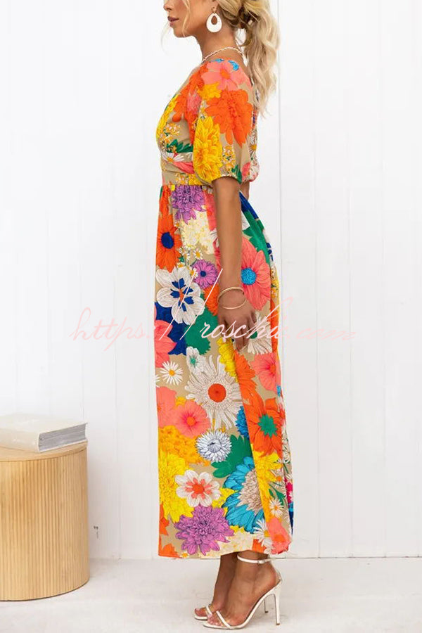 Frenzy Printed Puff Sleeve Back Smocked Maxi Dress