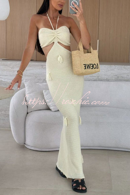 Halterneck Waist-baring Tassel-embellished Knitted Maxi Dress