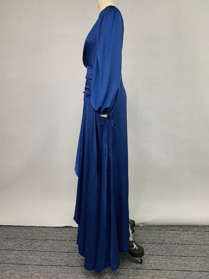 Look-thin Pleated Color V-cut Long Sleeves Maxi Dresses