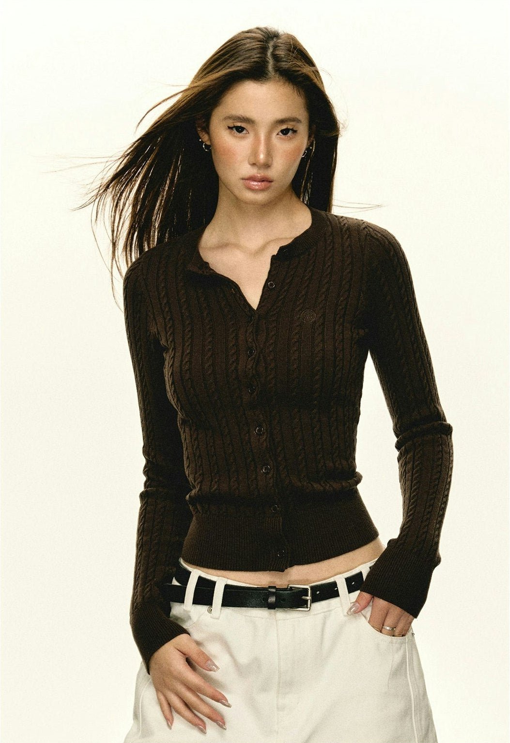 Button Cable Knit Cropped Cardigan