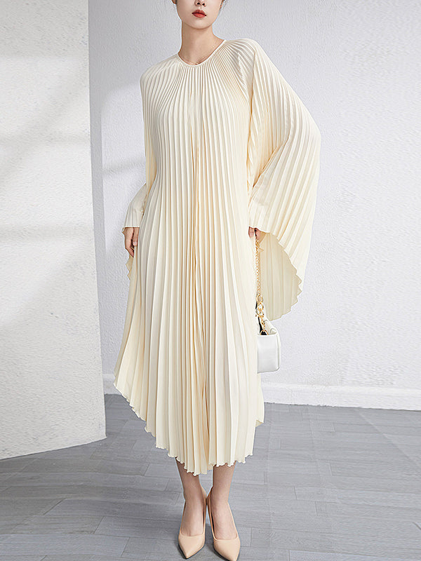 Batwing Sleeves Loose Pleated Color Maxi Dresses