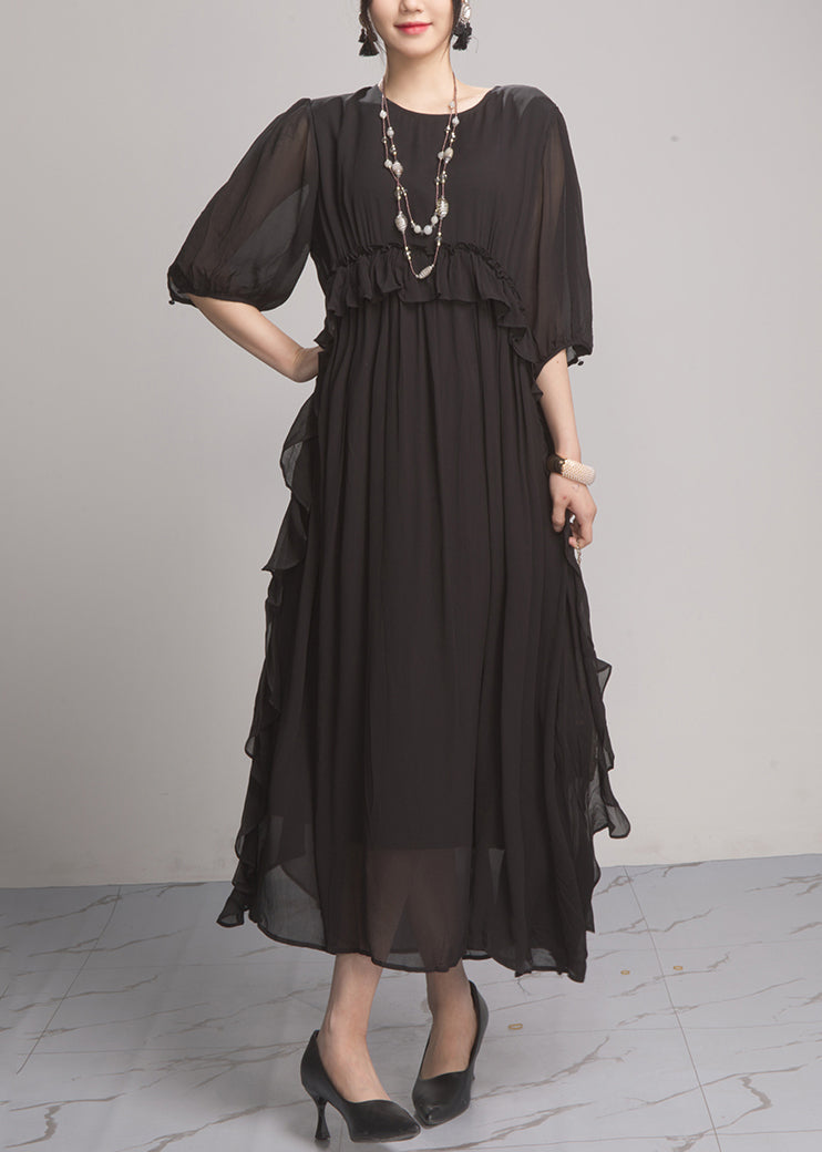 Handmade Green O-neck Ruffled Wrinkled Vacation Chiffon Maxi Dresses Lantern Sleeve Ao1027