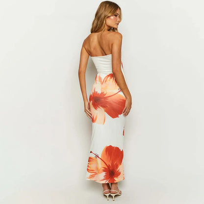 ’s New Flower Printed Tubeless Off Shoulder Beach Long Dress