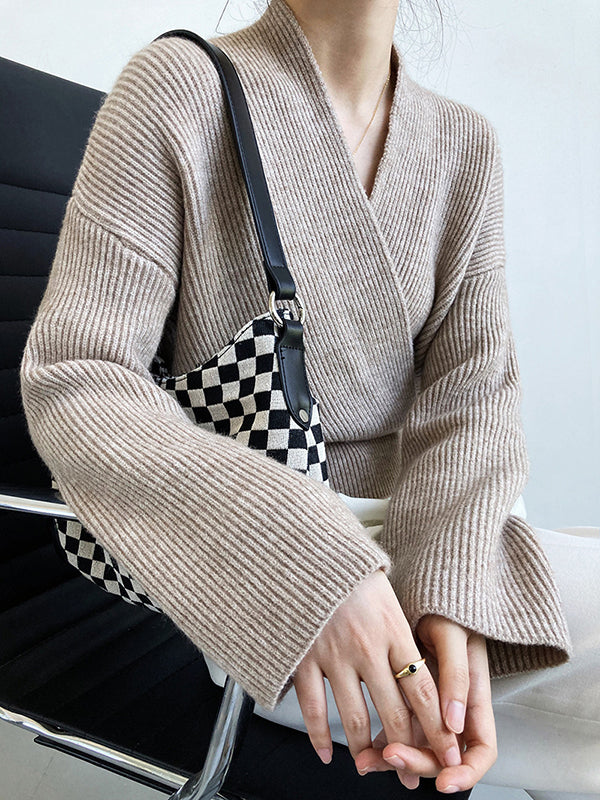 French Grey Cross V-neck Long Sleeve Sweater Qx012