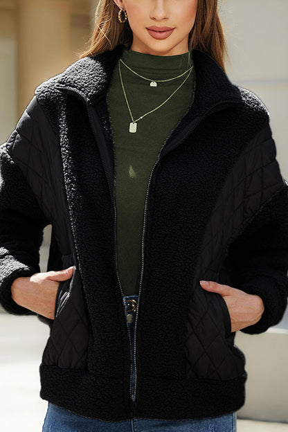 Long Sleeve Cardigan Zipper Plush Patchwork Jacket
