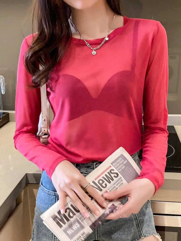 Summer Korean Mesh T-shirts Transparent Tops for Loose White Transparent Office Lady Shirts