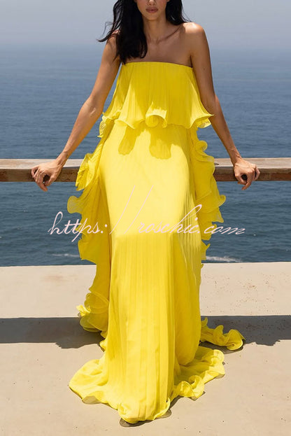 Reina Chiffon Pleated Wavy Ruffles Trim Strapless Loose Maxi Dress