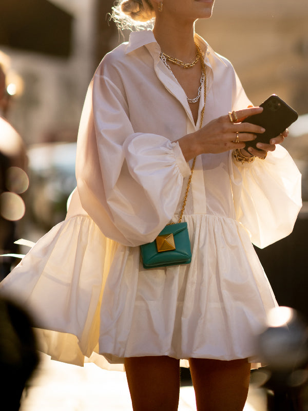 Urban Puff Sleeves Buttoned Split-joint Color Lapel Mini Dresses Shirt Dress