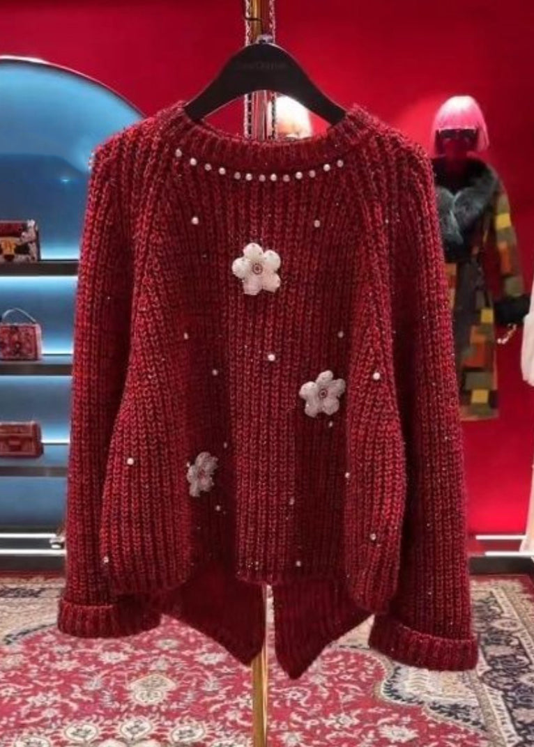 Stylish Red O-neck Nail Bead Thick Cotton Knit Sweater Tops Winter Wd037