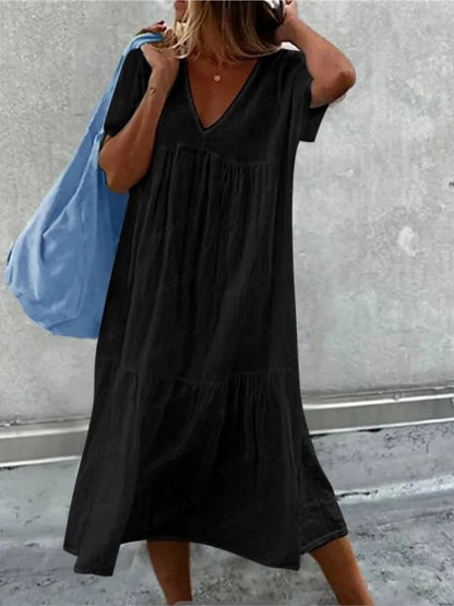 Color Cotton Linen Midi Dresses V-neck Short Sleeves Loose Dress Simple Style Lady Commuting Vestidos