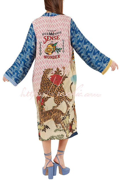 Tropical Jungle Tiger Unique Print Long Sleeve Belt Pocketed Kimono Coat