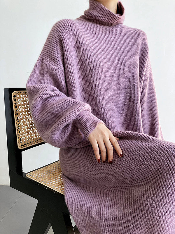 Urban Loose Purple High-neck Long Puff Sleeve Sweater Dress An1052